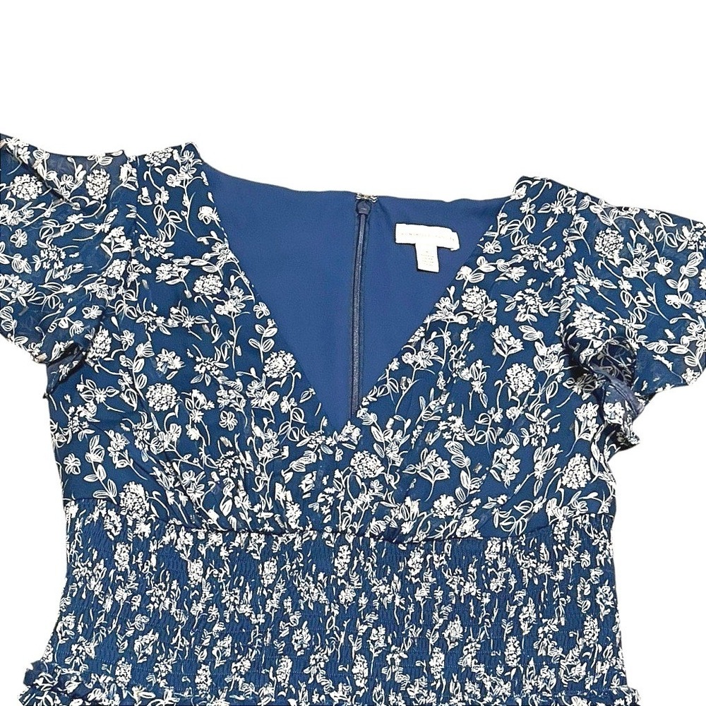 ML Monique Lhuillier Blue Floral Smocked Waist Flutter Sleeve Mini Dress 4 - Picture 4 of 7